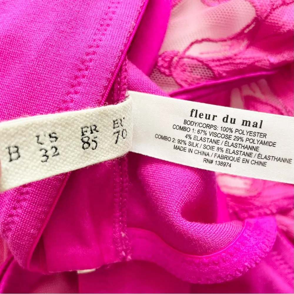 Fleur du Mal 32B Lily embroidered longlined unlined demi bra in fuchsia pink